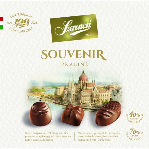 Szerencsi SOUVENIR PRALINÉ válogatás / kávé, tejkrém, konyakmeggy ízű trüffelkrém/  127g (8db/karton)