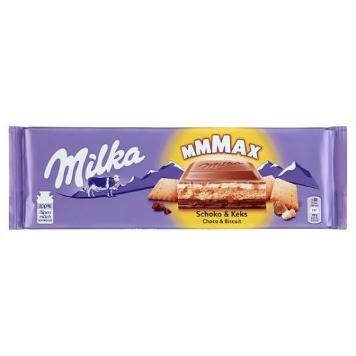Milka Mmmax alpesi tejcsokoládé kakaós-tejes krémtöltelékkel és keksszel töltve 300 g