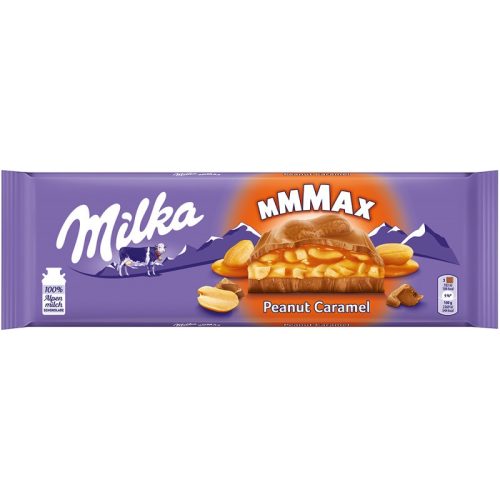 Milka Mmmax földimogyorós-karamellás alpesi tejcsokoládé földimogyoró darabokkal és rizzsel 276g
