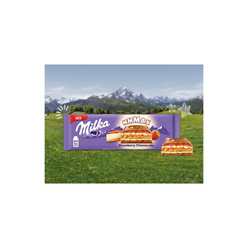Milka Mmmax alpesi tejcsokoládé sajttorta ízű krémtöltelékkel (35%) epres töltelékkel (11%) és keksszel (13%) 300 g